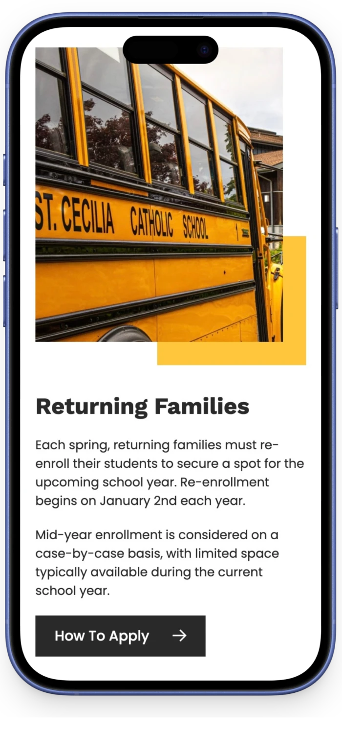 St Cecilia School & Church Website mobile view 2