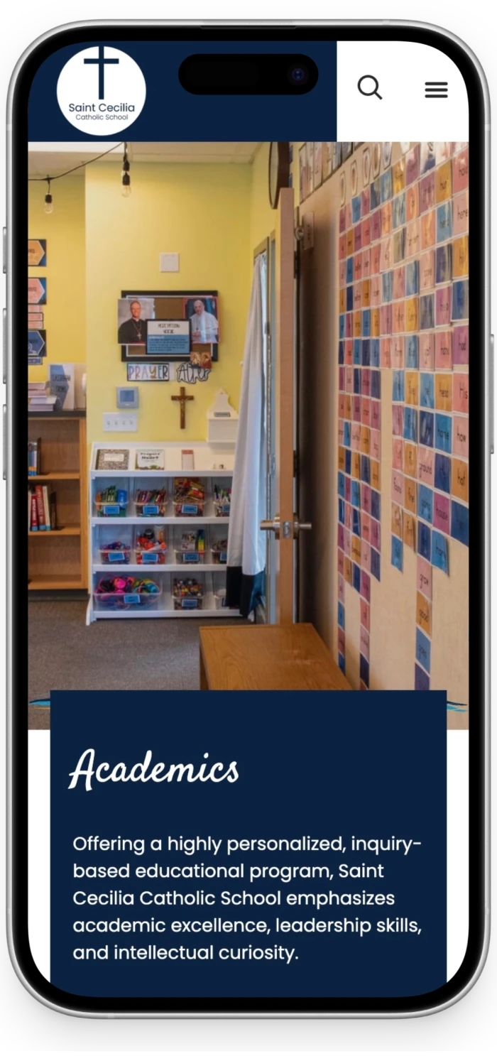 St Cecilia School & Church Website mobile view 1